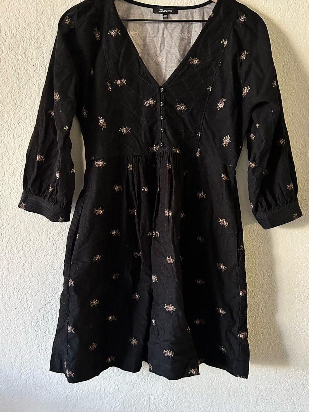 Madewell Black Midi Dress with Small Pink Floral Print